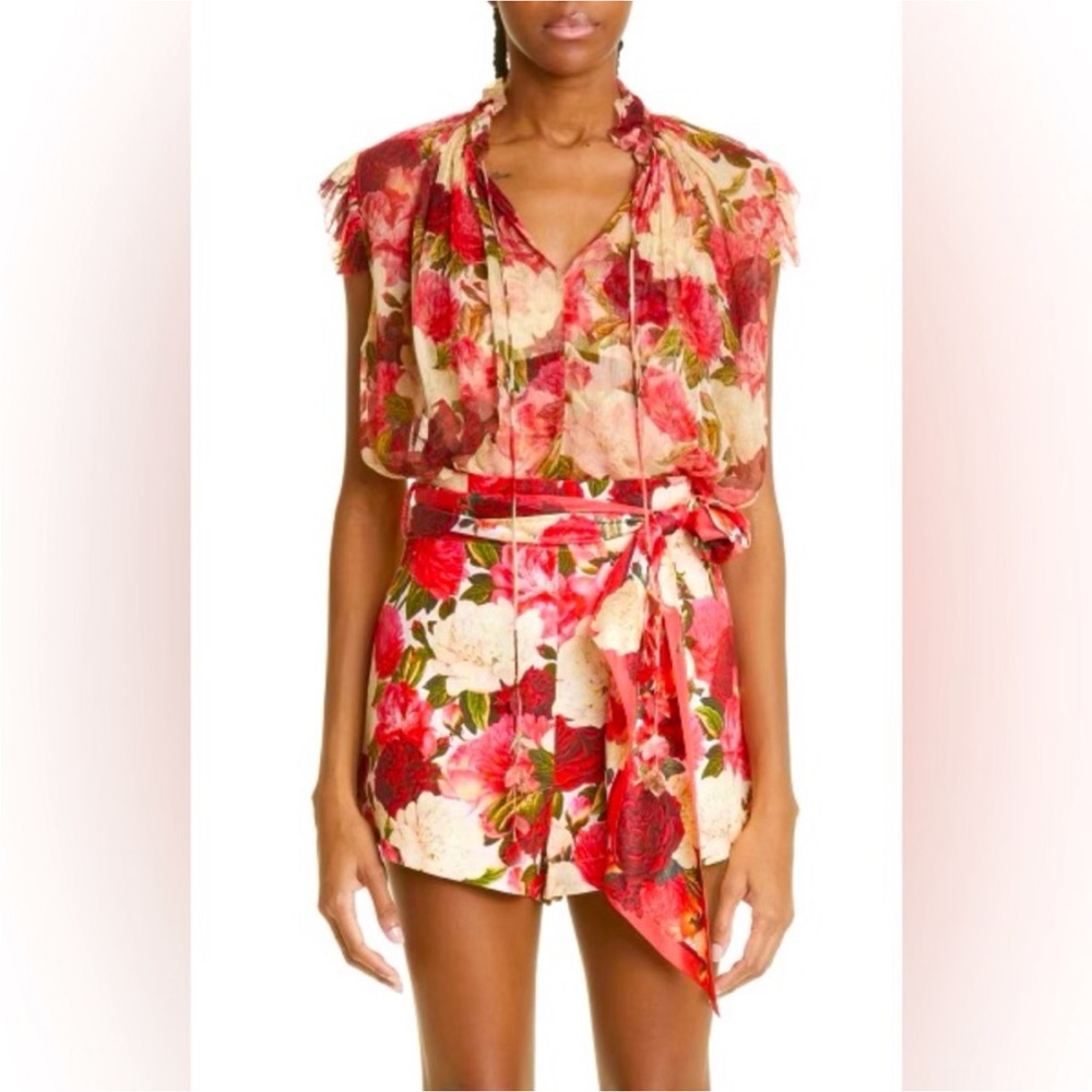 Zimmermann wonderland red pink peony floral shorts and blouse set, size 2 Aust